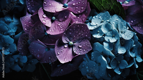 Hydrangea on black background with raindrops created with generative AI technology