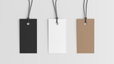 White, cardboard, black rectangular tags mockup on white background. View directly above