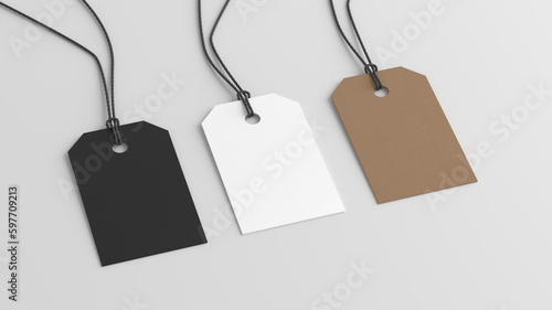 White, cardboard, black tags mockup on white background. Side view