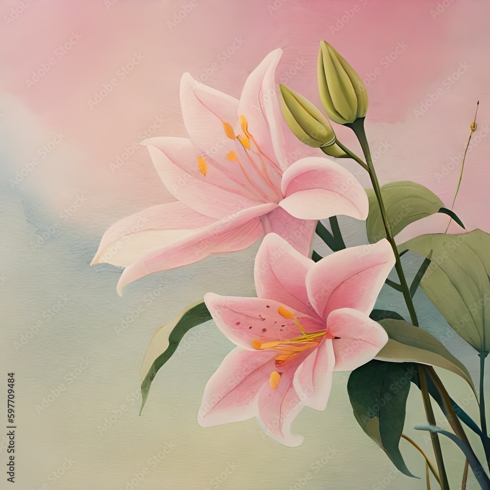 Fototapeta premium Pink lily flower background, watercolor illustration in pastel colours 