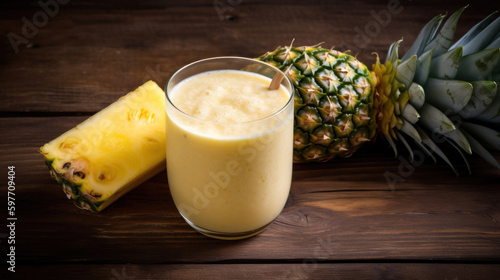 Fresh Pineapple Smoothie on Rustic Wooden Table