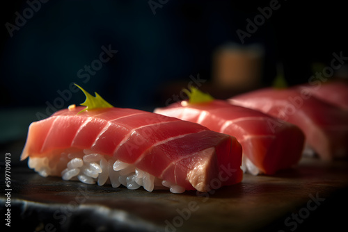 raw fresh salmon sushi Japanese food generated by AI.