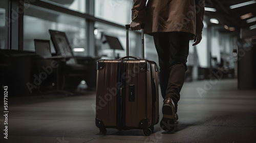 hand holding suitcase, walking in the airport generated by AI.