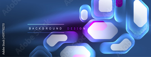 Neon lines, squares and round shapes abstract background. Techno glowing neon hexagon shapes vector illustration for wallpaper, banner, background, landing page, wall art, invitation, prints, posters