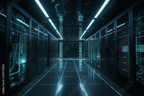 A dark server room with subtle lighting elements, AI generated design.