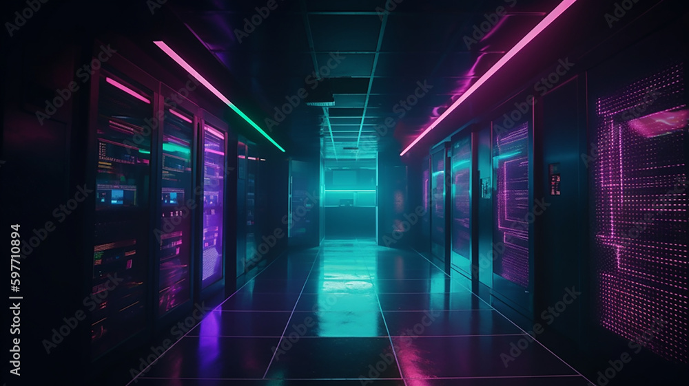 A dark server room with pink and light blue lighting elements, AI generated design A dark server room with pink and light blue lighting elements, AI generated design