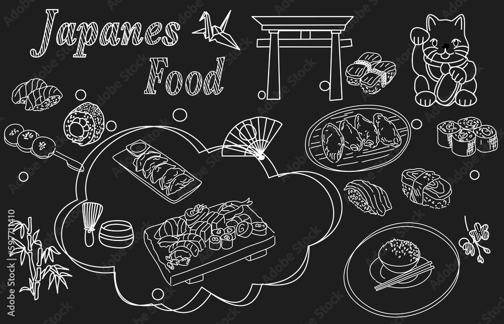 Big set of japanese food and beverage doodle hand drawing style sushi, yakisoba, takoyaki, onigiri, green tea, sake, dorayaki, mochi, rice ball, miso soup, tofu, oden, dango, tariyaki, tempura Big set of japanese food and beverage doodle hand drawing style sushi, yakisoba, takoyaki, onigiri, green tea, sake, dorayaki, mochi, rice ball, miso soup, tofu, oden, dango, tariyaki, tempura