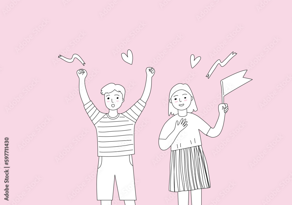 Set of cheerful people in cartoon style, man and woman cheering with flag and heart. Set of cheerful people in cartoon style, man and woman cheering with flag and heart.