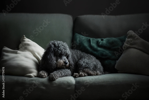 Adorable puppy on a sofa, indoors portrait. Generative AI.