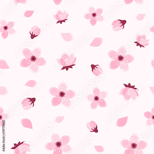 Pink cherry tree flowers seamless pattern on soft pink background. Sakura blossom pattern. Vector illustration in flat style