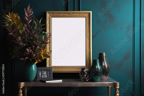 Teal and Gold Boho Interior Design Frame Mockup Bohemian turquoise photo frame scene with candles and accessories