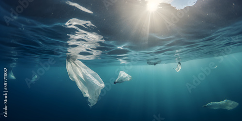 Ocean pollution campaign with plastic bags and used bottles floating generated by AI.