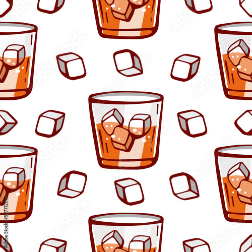 Vector pattern of glasses with drink and ice in cartoon style.