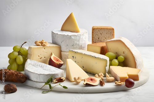 Assortment of cheeses. Various types of cheese on white background. AI generated