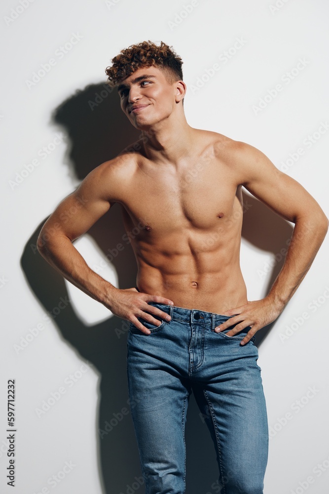 man abs body fit handsome lifestyle torso white background young guy strong care