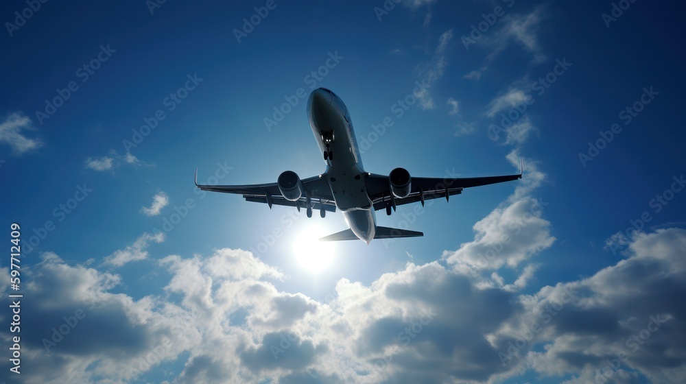 Passenger airliner takes off into the sky against the background of clouds and sun. generative AI Passenger airliner takes off into the sky against the background of clouds and sun. generative AI