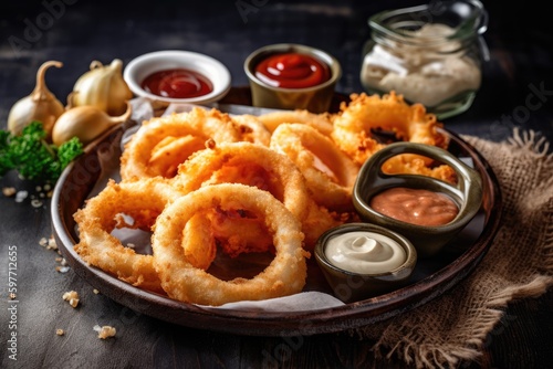 Pile of onion rings on a plate with condiments. Generative AI photo