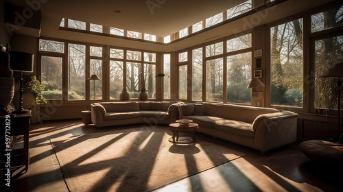 large living room overlooking the forest