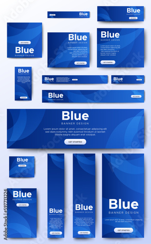 Blue Web Banner Templates Design. Business Ads Layout. Promotion Banner Bundle. vector 