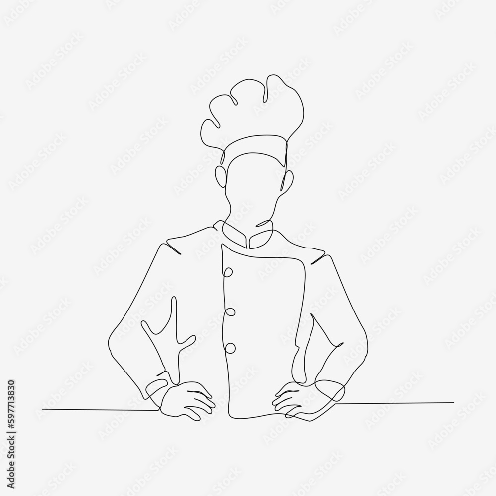 One continuous row design of stylish chef in hat. A confident cooking character. Minimalist style vector illustration on white background.