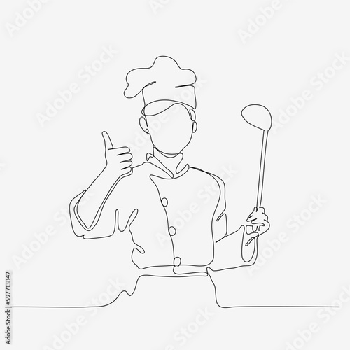 One line continuous design of chef in hat. Cooking art design, serving food. Minimalist style vector illustration on white background.