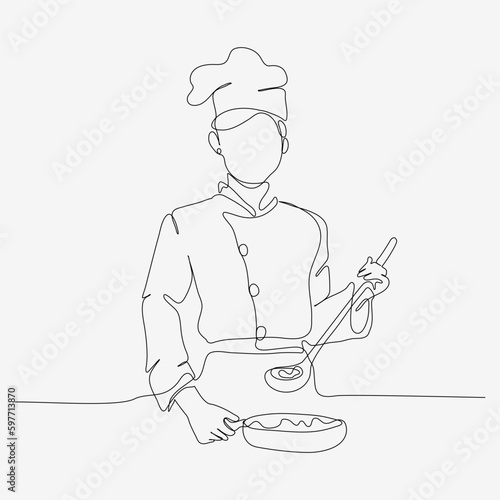 One line continuous design of chef in hat. Cooking art design, serving food. Minimalist style vector illustration on white background.