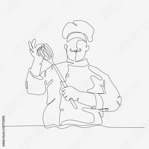 One continuous line of chef in mustache. Cute cooking character. Minimalist style vector illustration on white background.