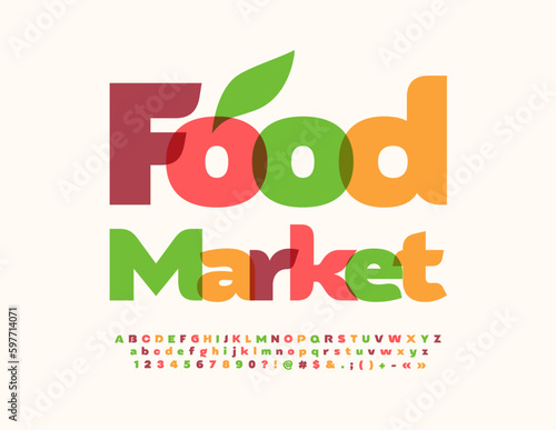 Vector creative banner Food Market with decorative Leaf. Artistic Alphabet Letters, Numbers and Symbols set. Trendy watercolor Font
