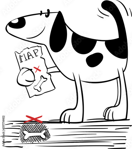 Happy and smiling dog looking for a bone that he has buried with a treasure map while waving his tail very nice