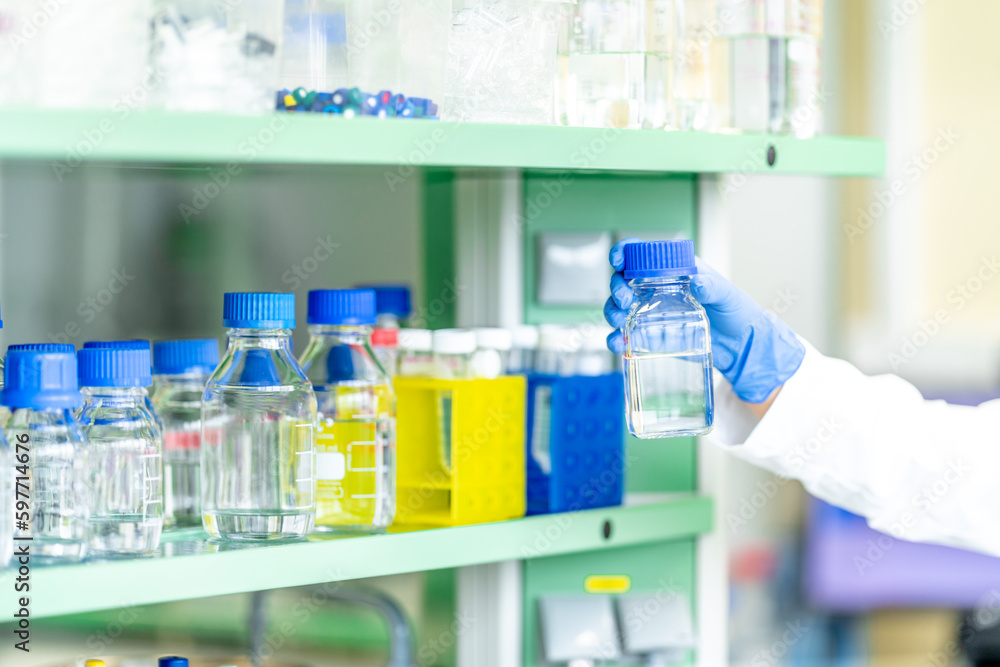 Fototapeta premium chemical substances in glass flasks in a research laboratory