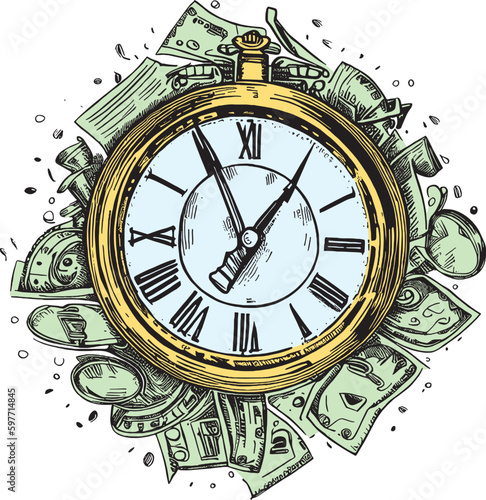 money time vector drawing of arrow clock lying on money