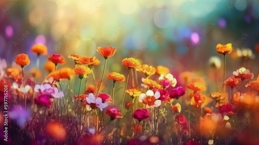 A blurred colorful flowers, fresh summer, strong sunlight abstract background with bokeh glow, Illustration. AI generative