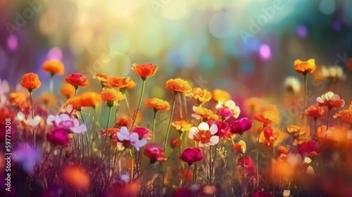 A blurred colorful flowers, fresh summer, strong sunlight abstract background with bokeh glow, Illustration. AI generative © SANGHYUN