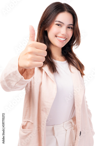 Smiling young business woman showing thumbs up isolated on pink background studio Young happy fun asian girl looking at camera show thumb up gesture with smile face Beautiful lady feeling happiness
