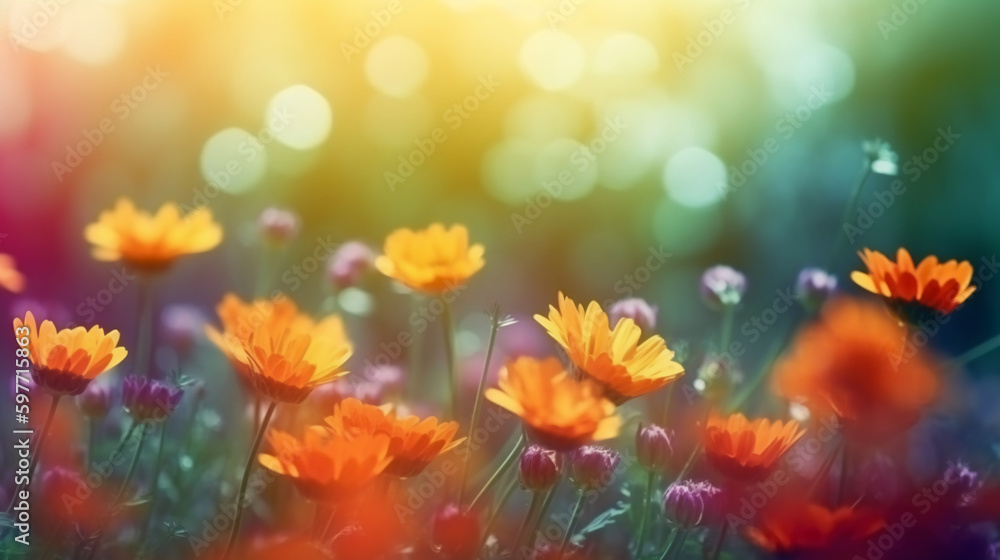 A blurred colorful flowers, fresh summer, strong sunlight abstract background with bokeh glow, Illustration. AI generative