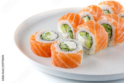 salmon rolls on white background for menu and website design of food delivery restaurant