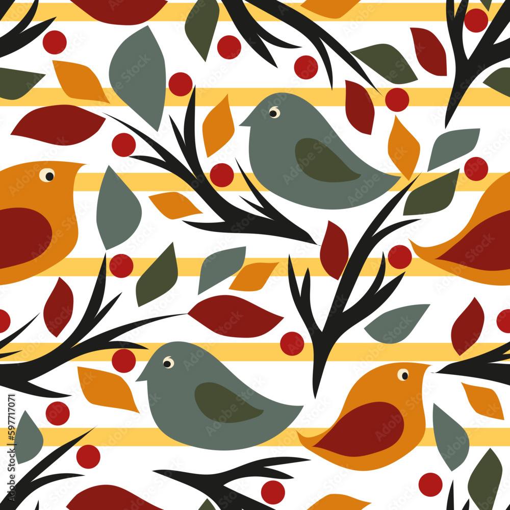 The birds in the garden. Bright seamless vector pattern for design and decoration. The birds in the garden. Bright seamless vector pattern for design and decoration.