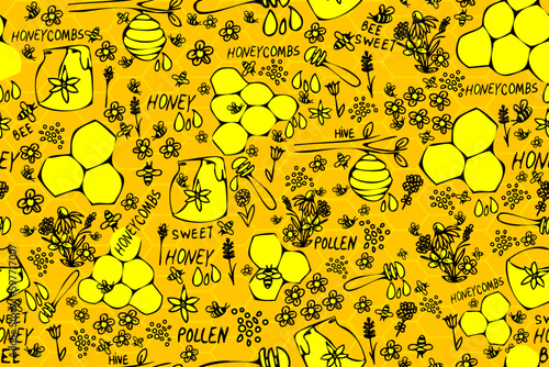 The hive, bees, honey, pollen, flowers, herbs, summer, honey combs set. Sweet seamless vector pattern for design and decoration.