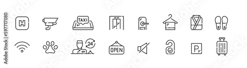 Hotel icons set. CCTV, pets allowed, do not disturb, luggage, WiFi, lift etc. Pixel perfect, editable stroke design