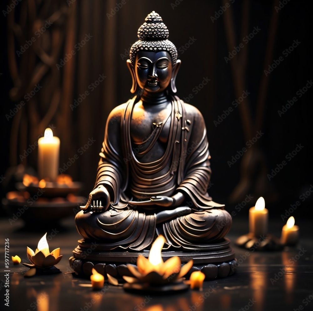 Meditation Buddha statue, meditating with beautiful candle lights in the dark, lotus flower, developing mindfulness, spiritual, worshipful. Generative AI