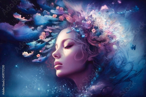 Creative fantasy portrait of a girl surrounded by flowers and clouds. Concept of dream, meditation, transcendent conscience and creative mind. Created with Generative AI technology.