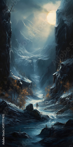 A painting of a valley covered in snow, in the style of dark fantasy, realistic lighting, luminosity of water, flowing silhouettes, fairy tale. AI generative © SANGHYUN