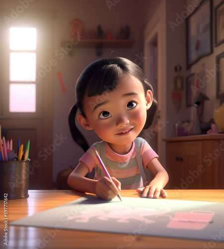 A story about a 6-year-old Asian American girl, independent and creative. Follow her journey as she does her homework and explores the world through art photo