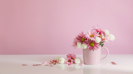 white and pink  chrysanthemums in pink cup on pink  background