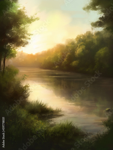 A peaceful lake surrounded by lush greenery and trees, with a realistic yet slightly artistic style. AI generative © SANGHYUN
