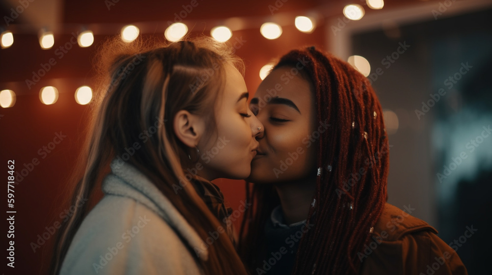 A loving lesbian couple share a kiss under the mistletoe. Generative AI image