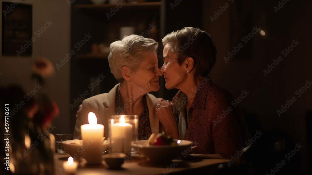 An older lesbian couple enjoys a romantic candlelit dinner. Generative AI image
