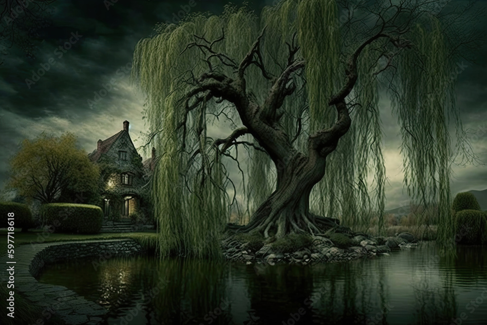 weeping willow tree in a fantasy setting, Generative AI