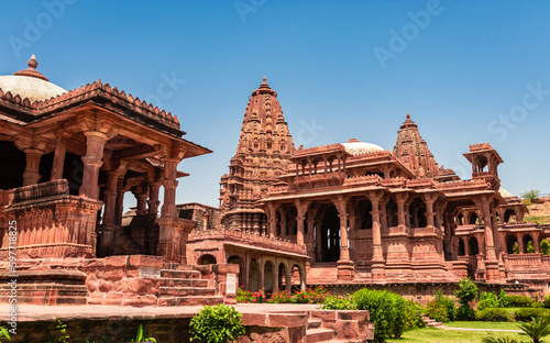ancient temple architecture with bright blue sky at morning