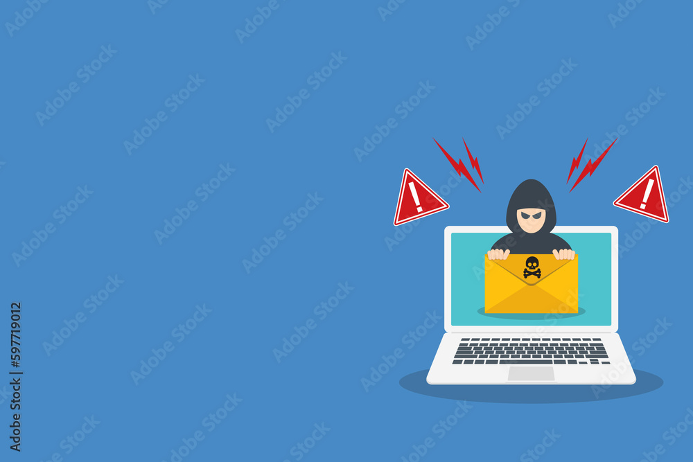 Hacker, Cyber criminal with laptop stealing user personal data. Hacker attack and web security. Internet phishing concept. Hacker in black hood with laptop trying to cyber attack. Hacker, Cyber criminal with laptop stealing user personal data. Hacker attack and web security. Internet phishing concept. Hacker in black hood with laptop trying to cyber attack.